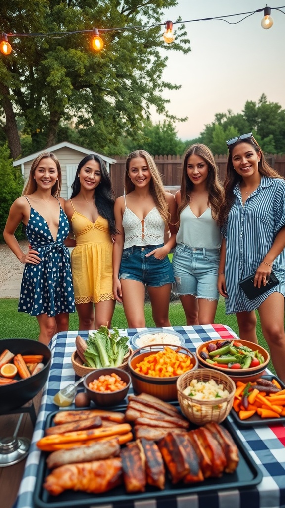Friends in stylish outfits enjoying a barbecue night outdoors.